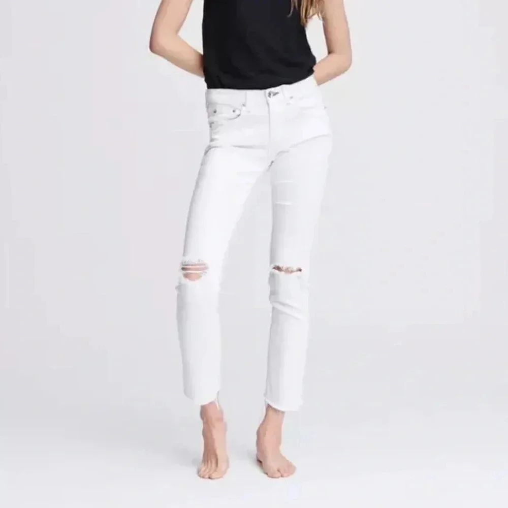Rag & Bone Dre Low Rise Ankle Slim Boyfriend Jeans White W/ Holes Denim Women 26